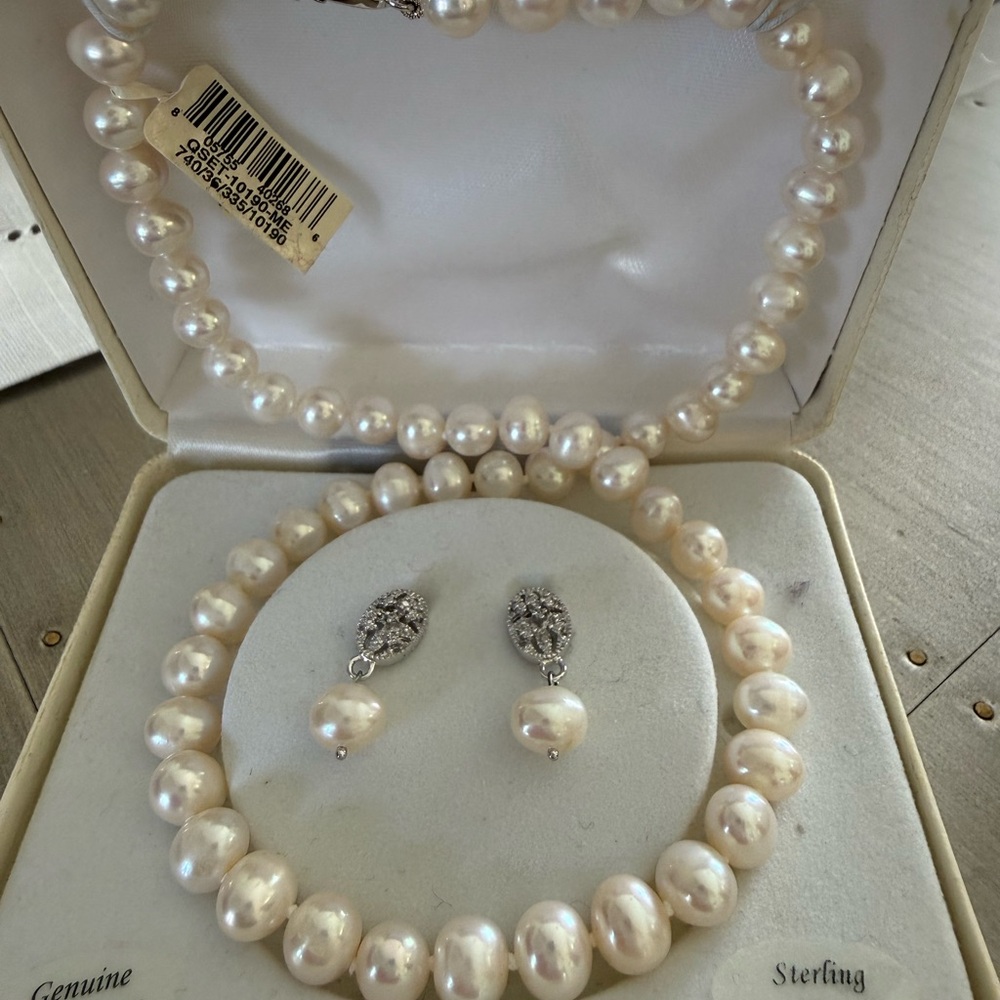 Macy's Cream Pearl Necklace with Sterling SilverDrop Earrings